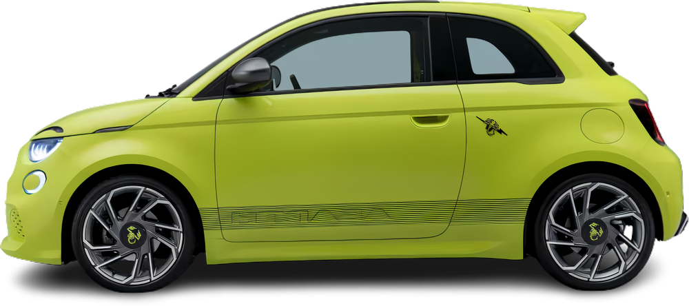 Side view photo of Abarth 500e Hatchback (2023-…) on transparent background