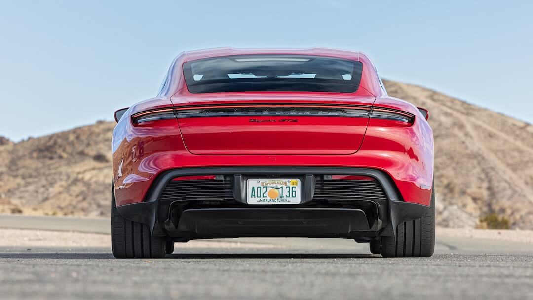 Porsche Taycan GTS (2022-2024) rear view, taillights, trunk, spoiler, badge, bumper, exterior