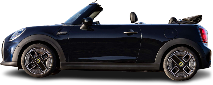 Side view photo of Mini Cooper SE Convertible (2023-2024) on transparent background