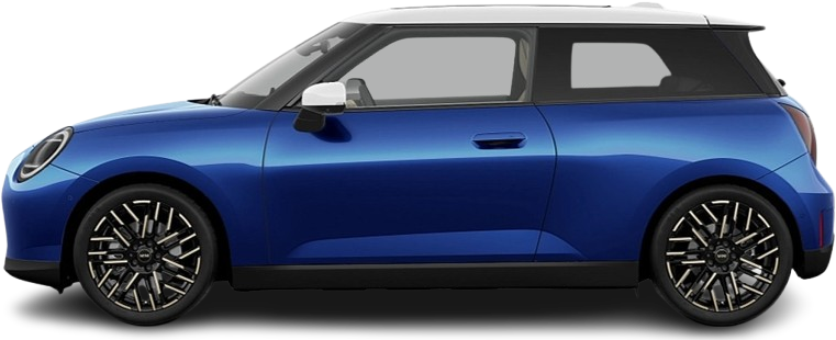 Side view photo of Mini Cooper E (2023-…) on transparent background