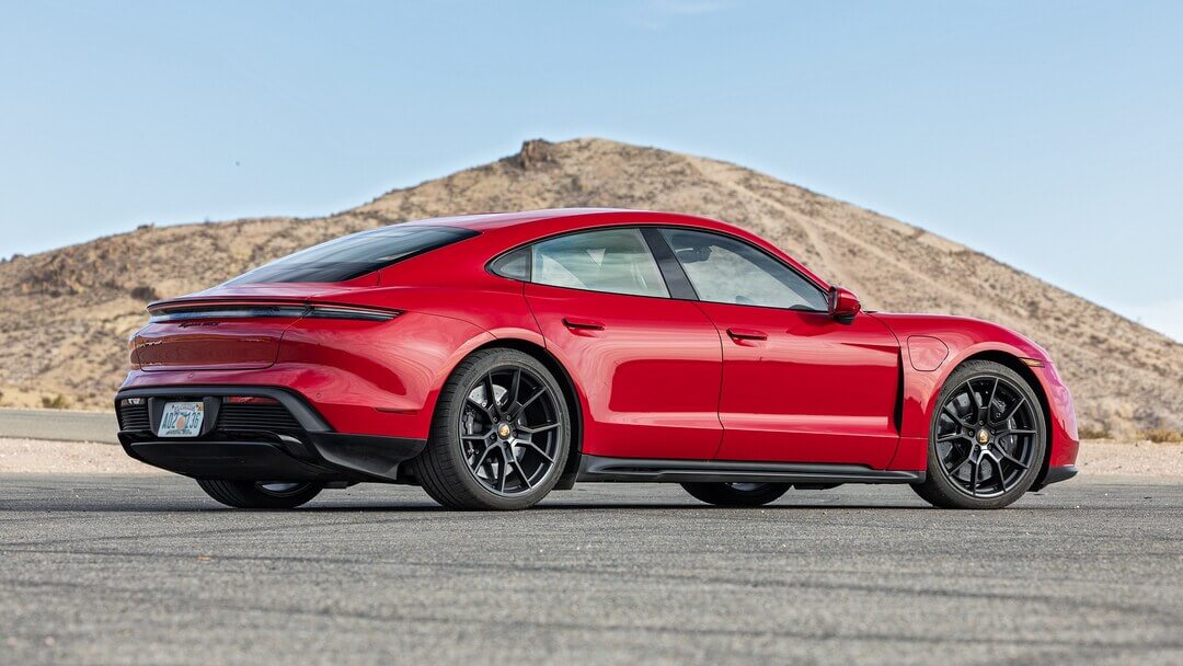 Porsche Taycan GTS (2022-2024) rear quarter, three-quarter view, diagonal, exterior