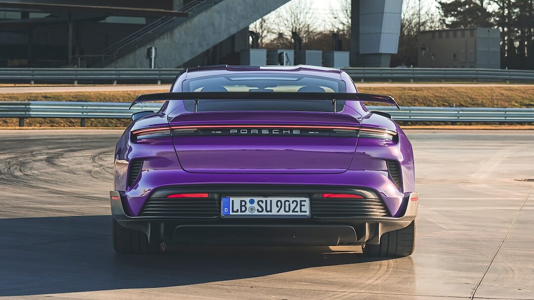 Porsche Taycan Turbo GT Weissach Package (2024-…) rear view, taillights, trunk, spoiler, badge, bumper, exterior