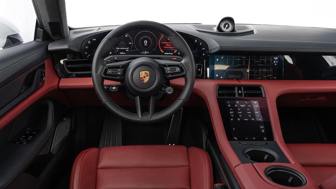 Porsche Taycan Turbo S (2020-2024) interior, front seat, driver seat, dashboard, steering wheel, infotainment, cockpit