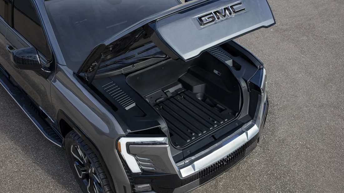 GMC Sierra EV Denali Edition 1 (2024-2025) frunk photo, front trunk, under hood, storage, cargo, capacity, bonus space