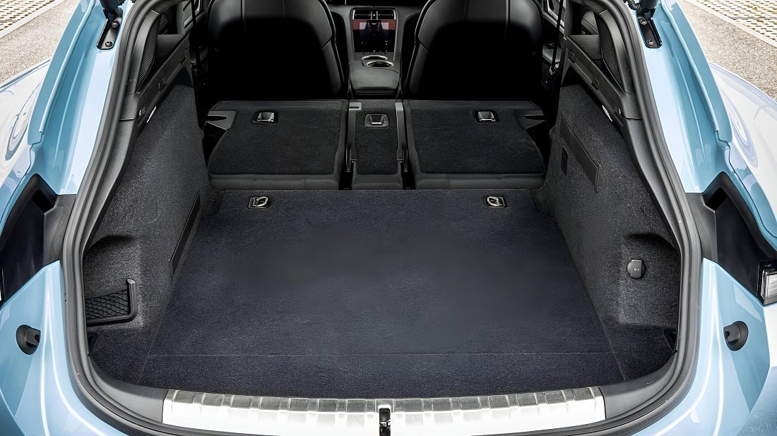 Porsche Taycan Turbo S Sport Turismo (2022-2024) trunk, boot, expanded, folded seats, maximum volume, max cargo, max capacity, max storage