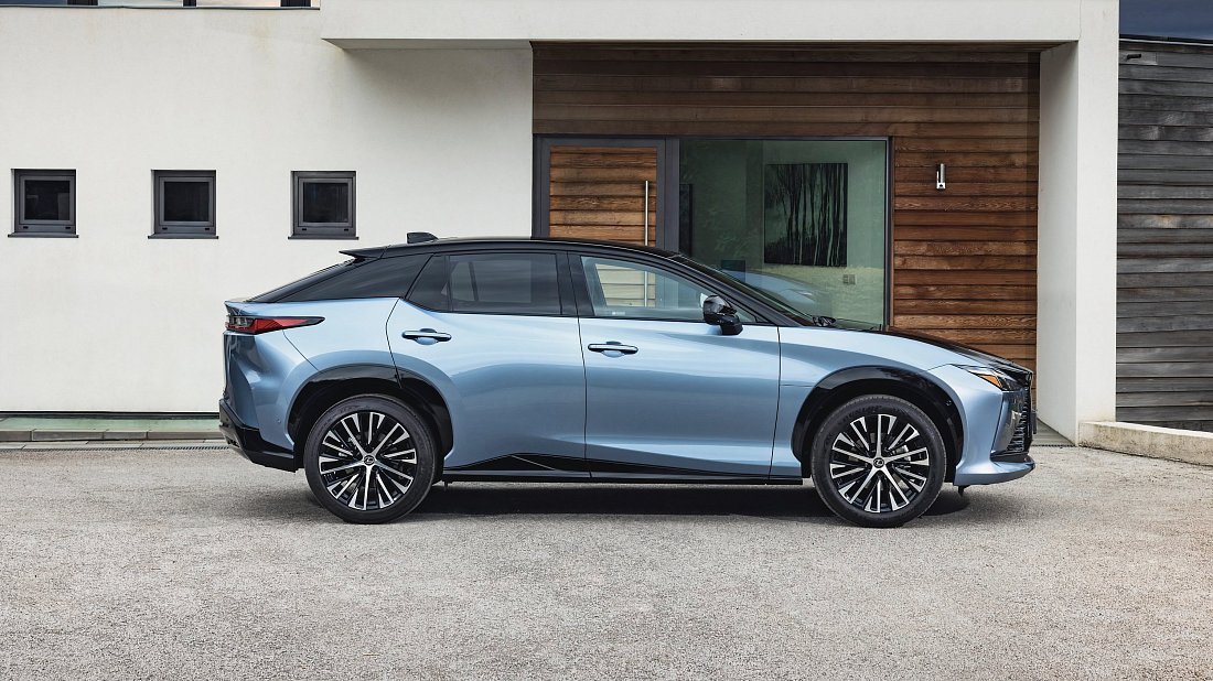 Lexus RZ 450e (2022-…) side profile photo, silhouette, doors, wheels, exterior