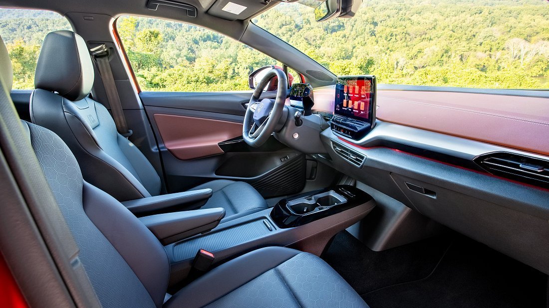 Volkswagen ID.4 AWD Pro (2021-2023) interior, front seat, driver seat, dashboard, steering wheel, infotainment, cockpit