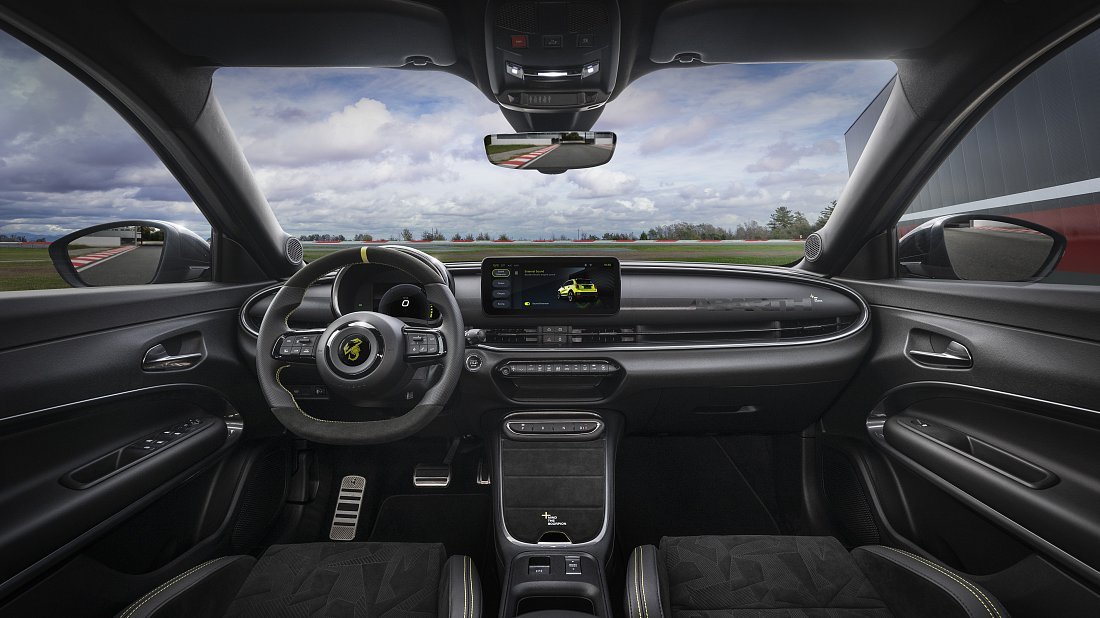 Abarth 600e Scorpionissima (2024-…) interior, front seat, driver seat, dashboard, steering wheel, infotainment, cockpit
