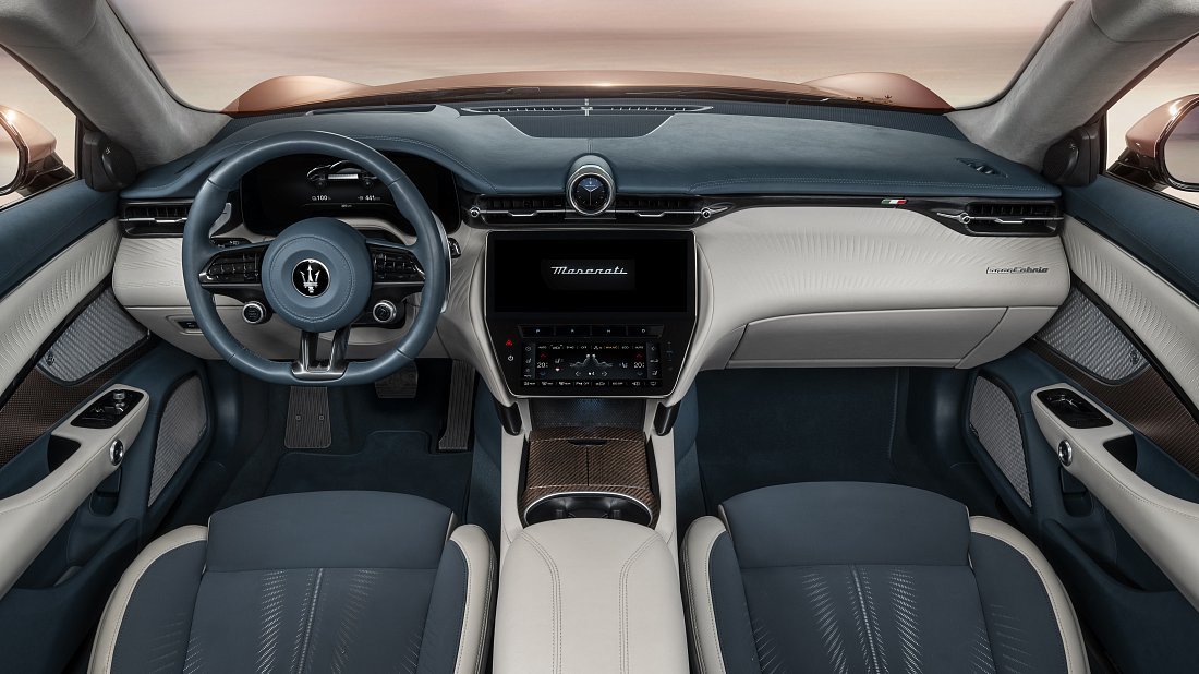 Maserati GranCabrio Folgore (2024-…) interior photo, front seat, driver seat, dashboard, steering wheel, infotainment, cockpit
