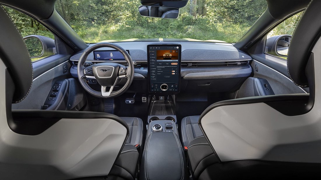 Ford Mustang Mach-E Rally (2024-…) interior, front seat, driver seat, dashboard, steering wheel, infotainment, cockpit
