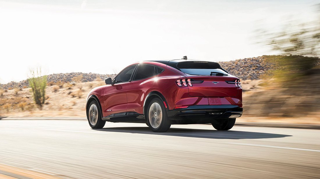 Ford Mustang Mach-E California Route 1 RWD (2022-2023) rear quarter, three-quarter view, diagonal, exterior