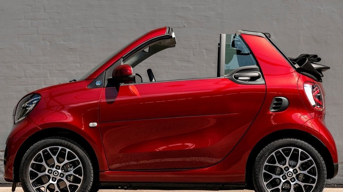 Smart EQ fortwo cabrio (2020-2023) side profile photo, silhouette, doors, wheels, exterior
