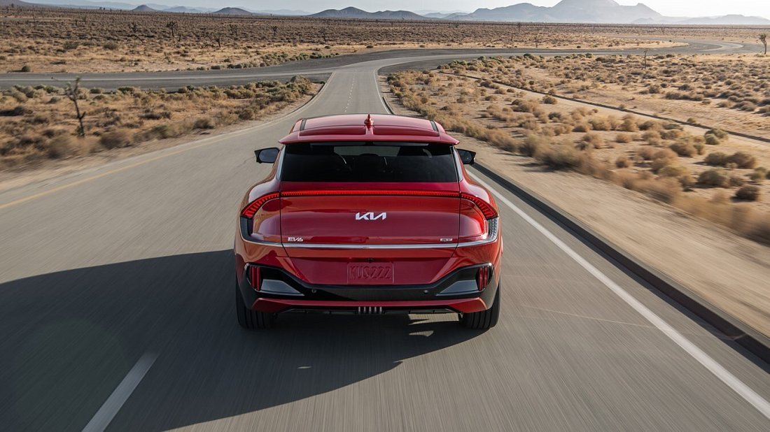 Kia EV6 GT (2022-2024) rear view photo, taillights, trunk, spoiler, badge, bumper, exterior