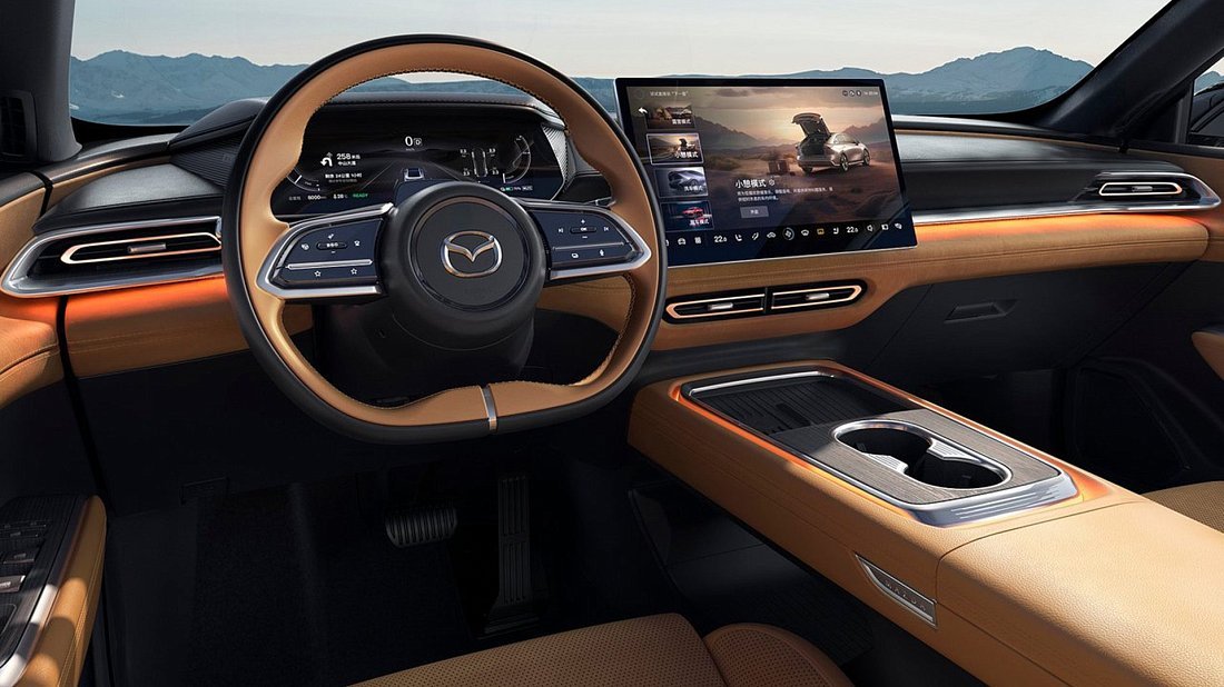 Mazda 6e Long Range (2025-…) interior, front seat, driver seat, dashboard, steering wheel, infotainment, cockpit