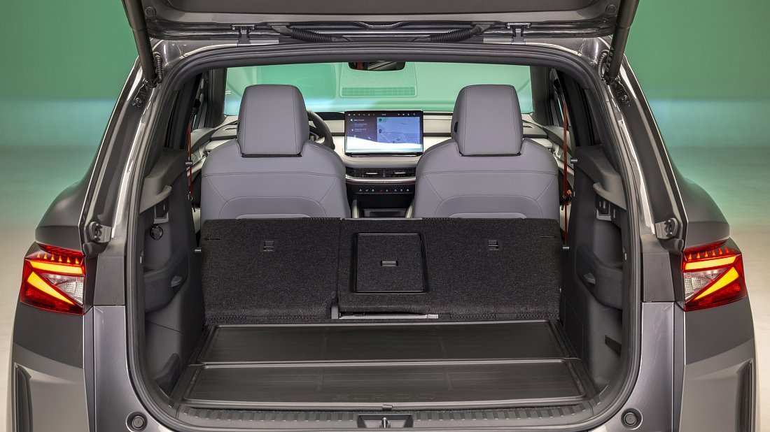 Škoda Elroq RS (2025-...) folded trunk photo, boot, expanded, folded seats, maximum volume, max cargo, max capacity, max storage