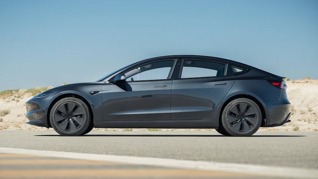 Tesla Model 3 RWD (2023-…) side profile, silhouette, doors, wheels, exterior
