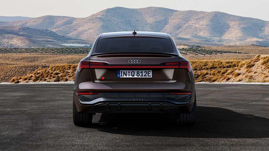 Audi Q8 Sportback e-tron 55 quattro (2022-…) rear view, taillights, trunk, spoiler, badge, bumper, exterior