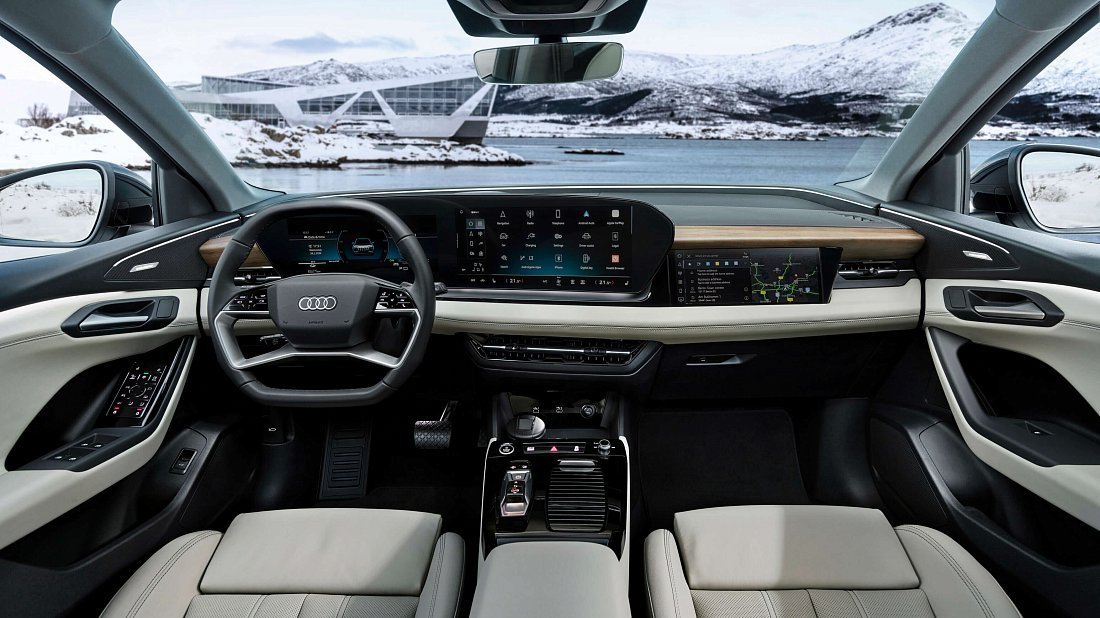 Audi Q6 e-tron quattro (2024-…) interior, front seat, driver seat, dashboard, steering wheel, infotainment, cockpit
