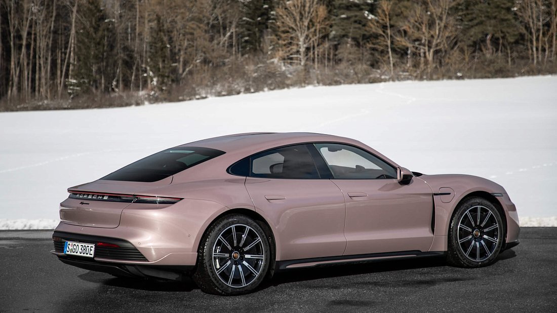 Porsche Taycan RWD Plus (2021-2024) rear quarter, three-quarter view, diagonal, exterior