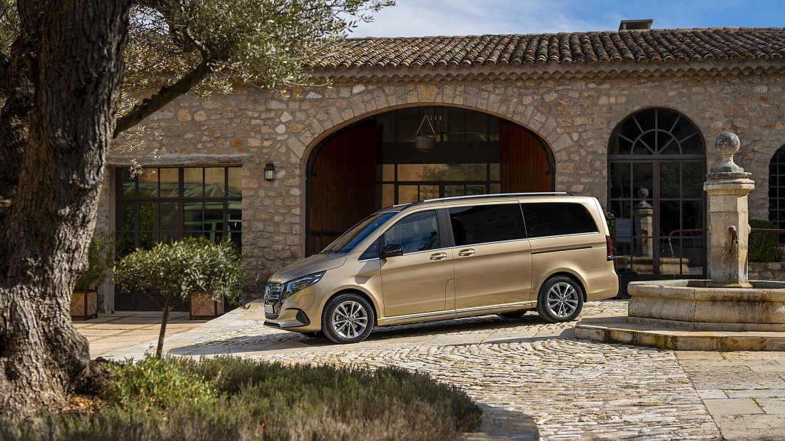 Mercedes EQV 300 Long (2024-...) side profile photo, silhouette, doors, wheels, exterior