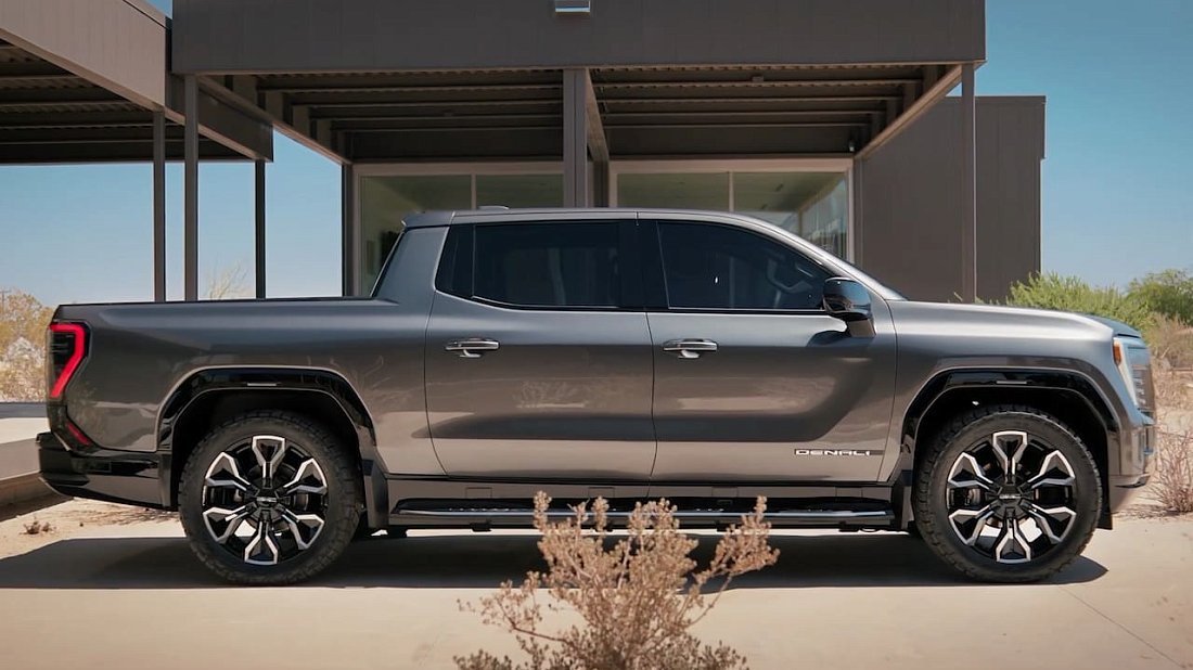 GMC Sierra EV Denali Edition 1 (2024-2025) side profile photo, silhouette, doors, wheels, exterior