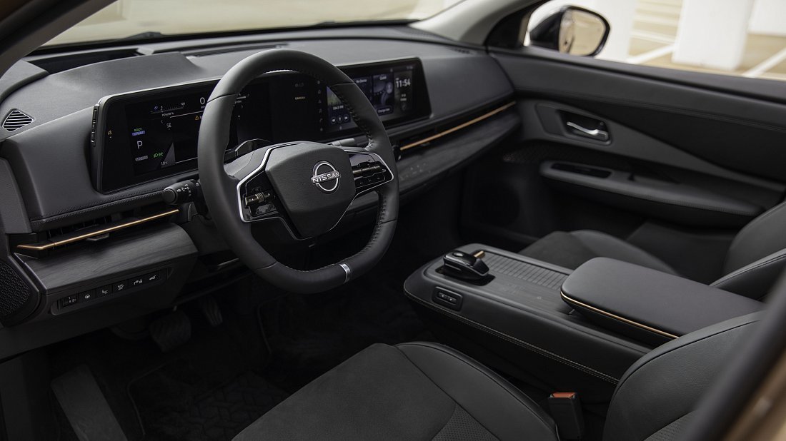 Nissan Ariya 63 kWh FWD (2021-…) interior, front seat, driver seat, dashboard, steering wheel, infotainment, cockpit