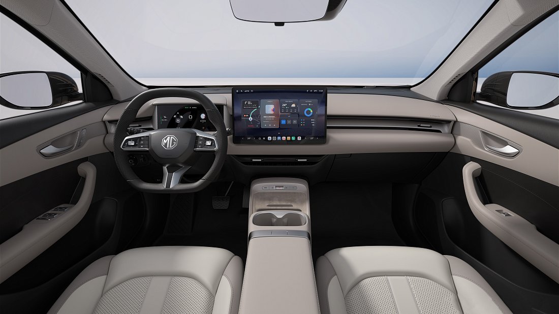 MG MGS5 EV 64 kWh (2025-...) interior photo, front seat, driver seat, dashboard, steering wheel, infotainment, cockpit