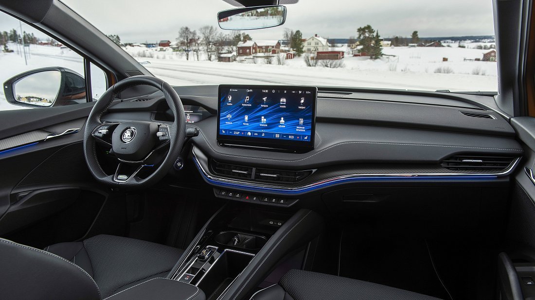 Škoda Enyaq Coupe RS (2023-2025) interior, front seat, driver seat, dashboard, steering wheel, infotainment, cockpit