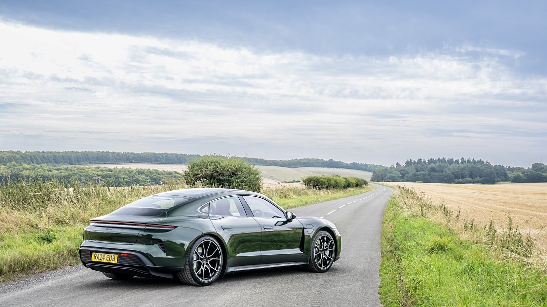 Porsche Taycan Turbo S (2024-…) rear quarter photo, three-quarter view, diagonal, exterior