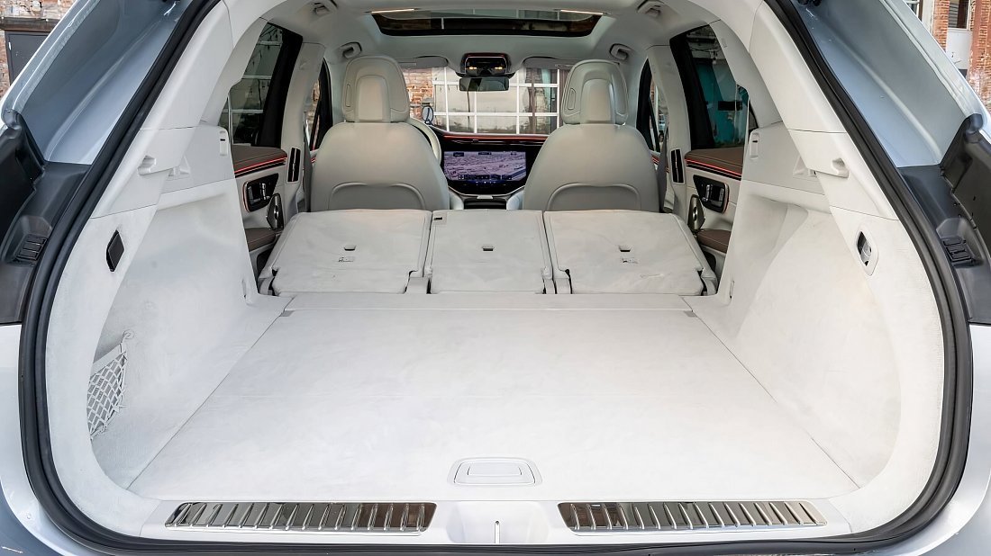 Mercedes EQS SUV 450 4MATIC (2022-2023) folded trunk photo, boot, expanded, folded seats, maximum volume, max cargo, max capacity, max storage