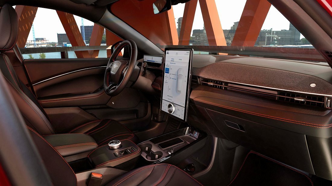 Ford Mustang Mach-E Extended Range AWD (2023-…) interior, front seat, driver seat, dashboard, steering wheel, infotainment, cockpit