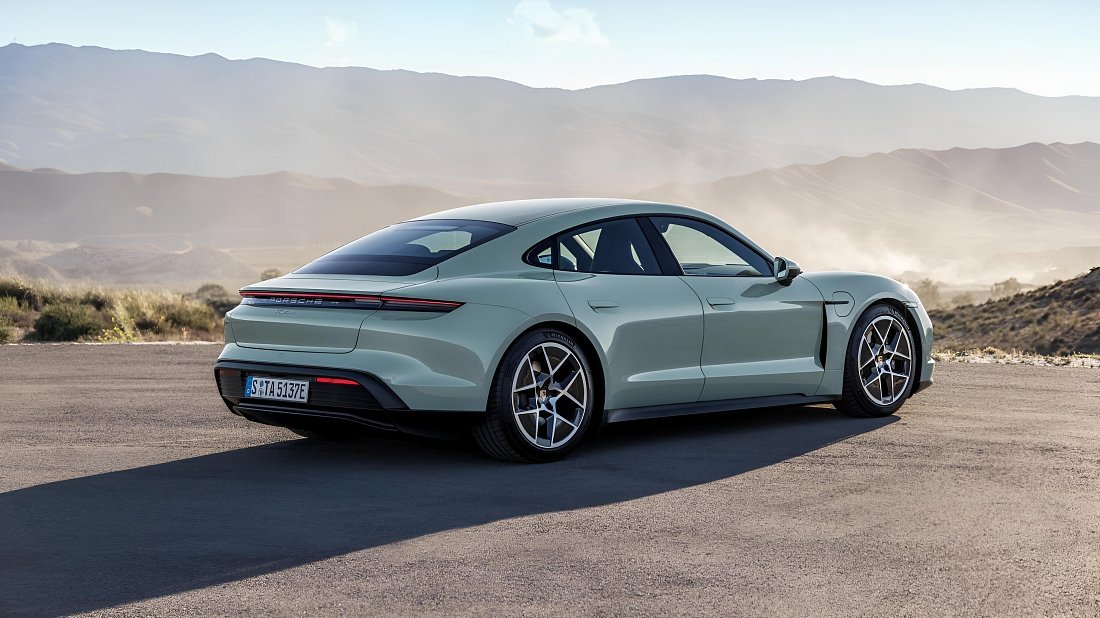 Porsche Taycan 4 (2024-…) rear quarter, three-quarter view, diagonal, exterior