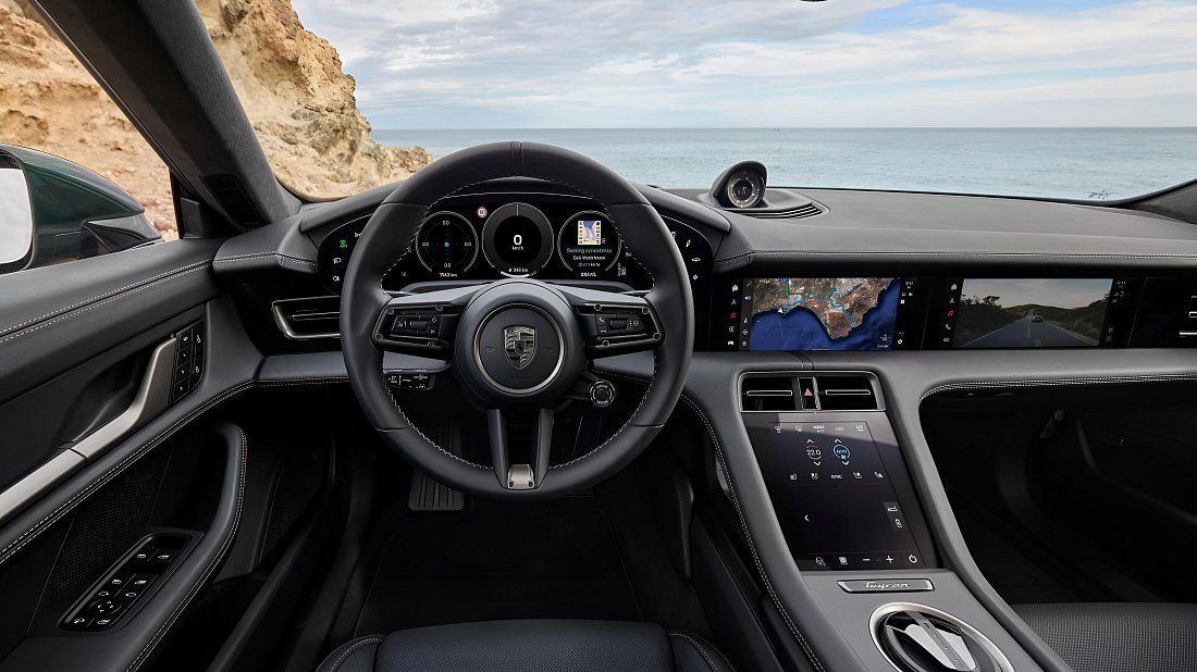 Porsche Taycan 4S Plus Sport Turismo (2024-…) interior photo, front seat, driver seat, dashboard, steering wheel, infotainment, cockpit