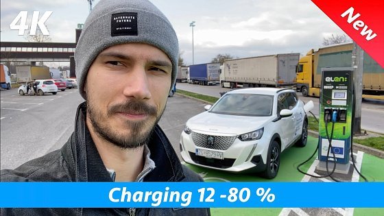 Video: Peugeot e-2008 Allure 2021 - Charging 12 to 80% (50 kWh DCC) charging speed and time. How long?