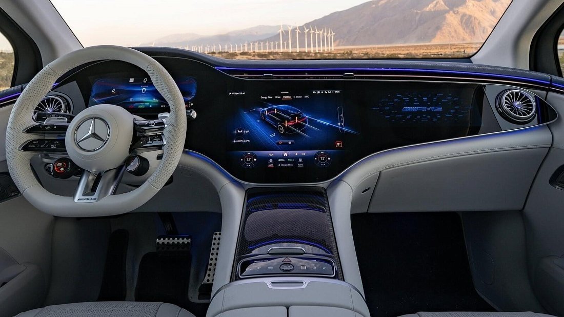 Mercedes EQE SUV AMG 53 4MATIC+ (2023-…) interior, front seat, driver seat, dashboard, steering wheel, infotainment, cockpit