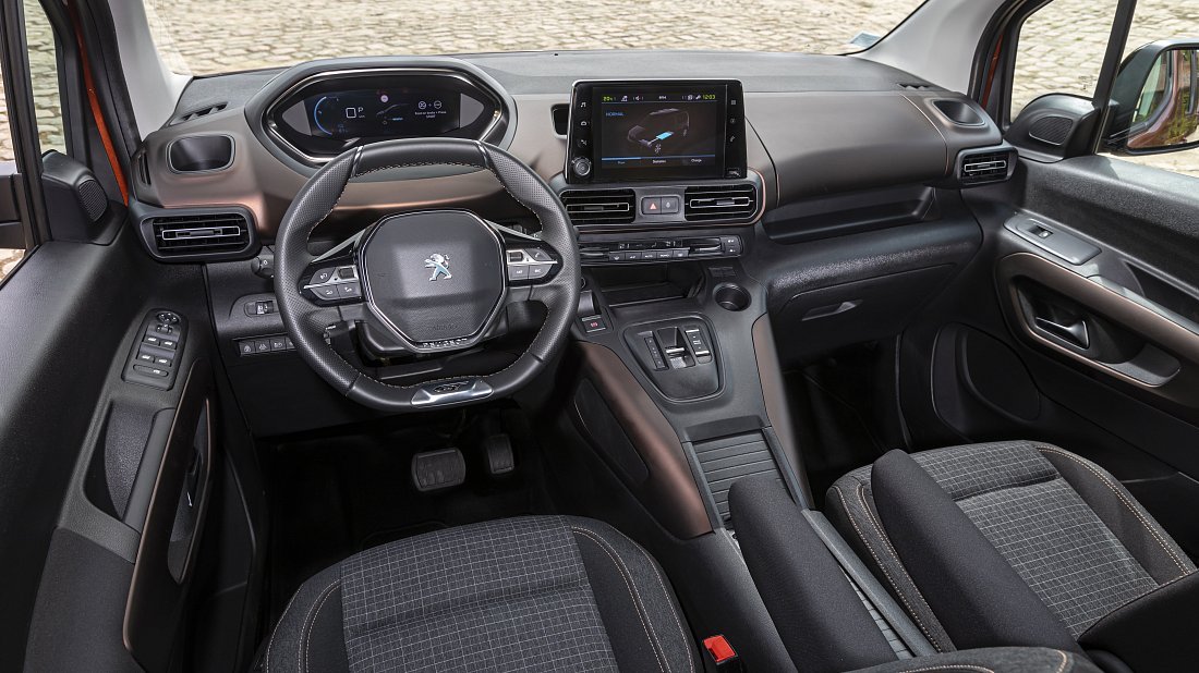 Peugeot e-Rifter Standard 50 kWh (2021-2024) interior, front seat, driver seat, dashboard, steering wheel, infotainment, cockpit