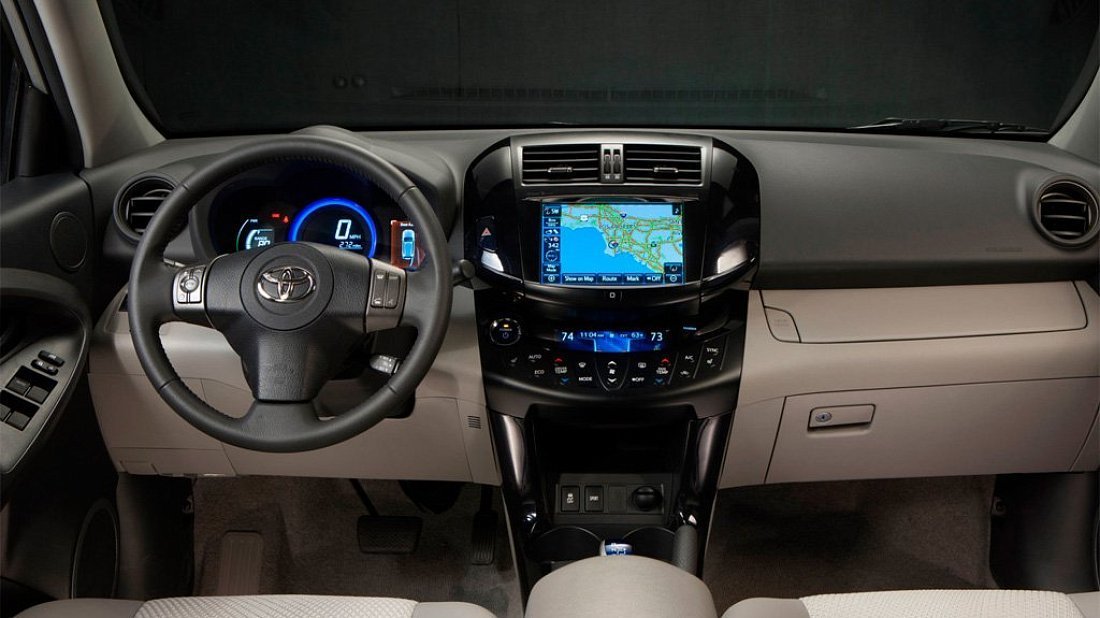 Toyota RAV4 EV Gen 2 (2012-2014) interior photo, front seat, driver seat, dashboard, steering wheel, infotainment, cockpit
