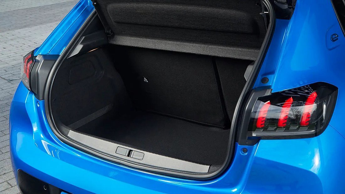 Peugeot e-208 50 kWh (2021-2023) trunk, boot, seats up, seats upright, cargo space, cargo volume, cargo capacity, storage