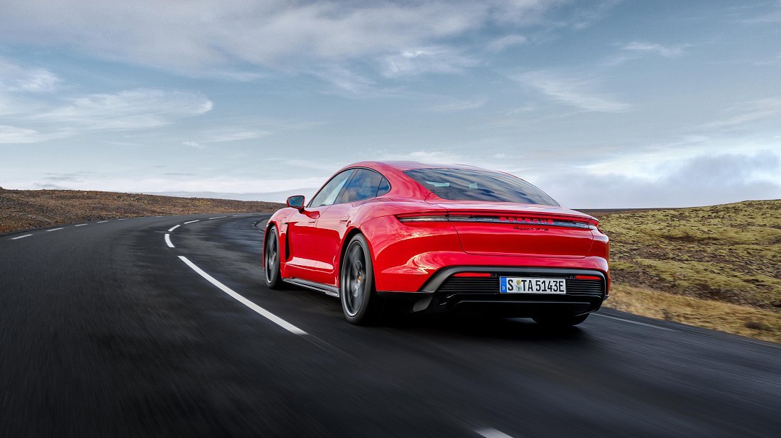Porsche Taycan GTS (2024-...) rear quarter photo, three-quarter view, diagonal, exterior