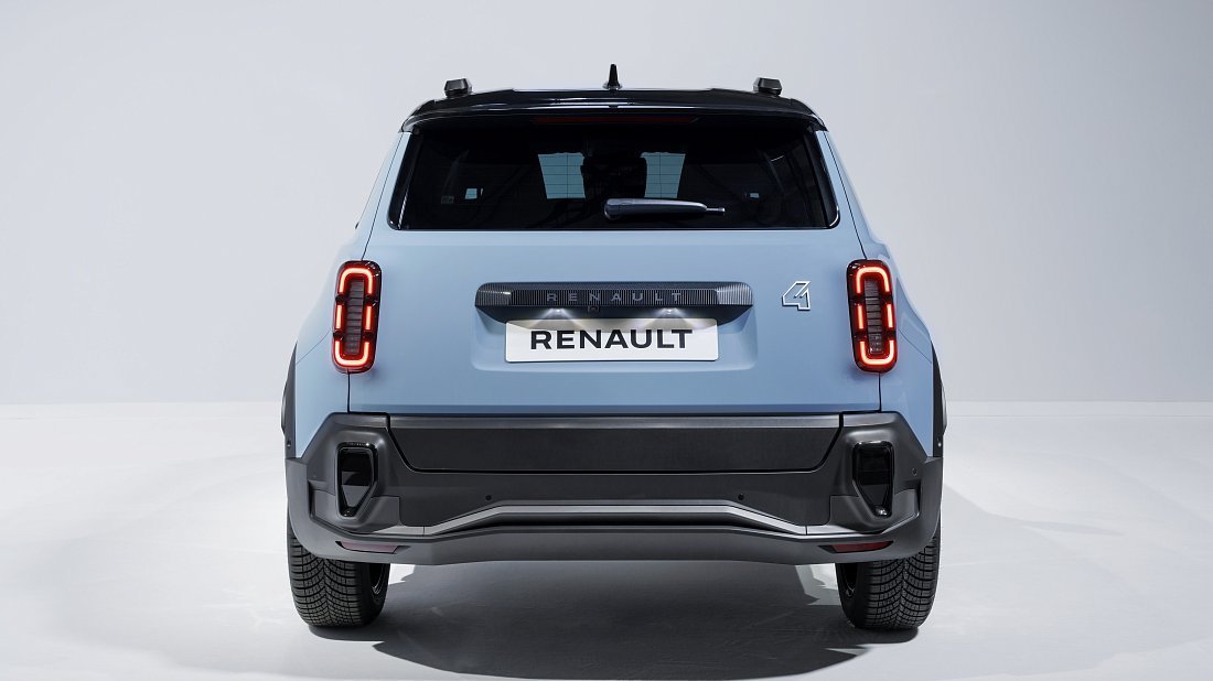 Renault 4 E-Tech EV40 120hp (2025-...) rear view, taillights, trunk, spoiler, badge, bumper, exterior