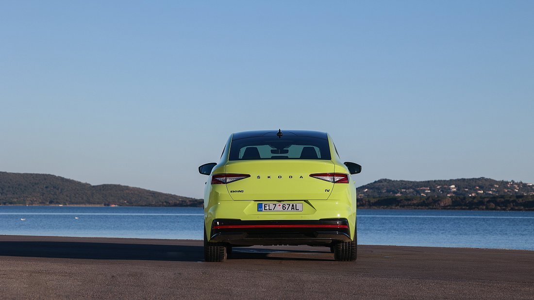 Škoda Enyaq Coupe RS (2023-2025) rear view, taillights, trunk, spoiler, badge, bumper, exterior