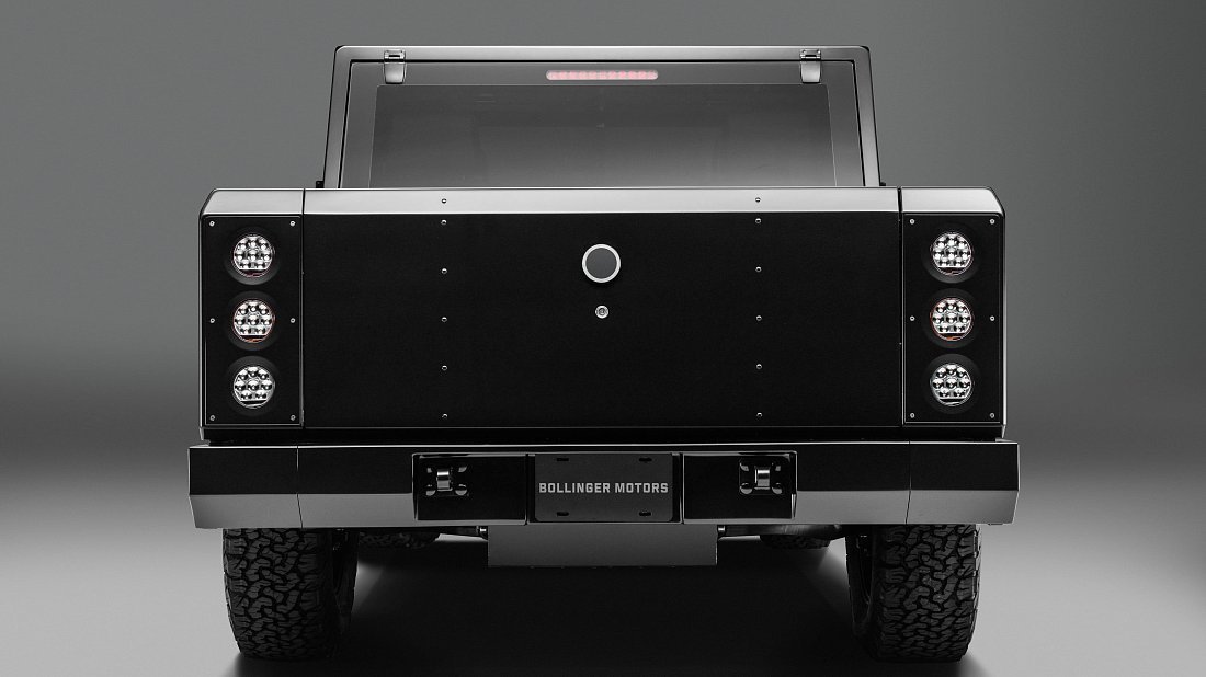 Bollinger Motors B2 120 kWh rear view, taillights, trunk, spoiler, badge, bumper, exterior