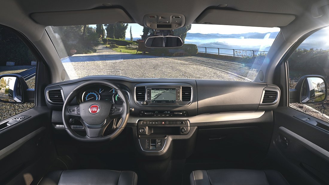 Fiat E-Ulysse L3 50 kWh (2022-2024) interior, front seat, driver seat, dashboard, steering wheel, infotainment, cockpit