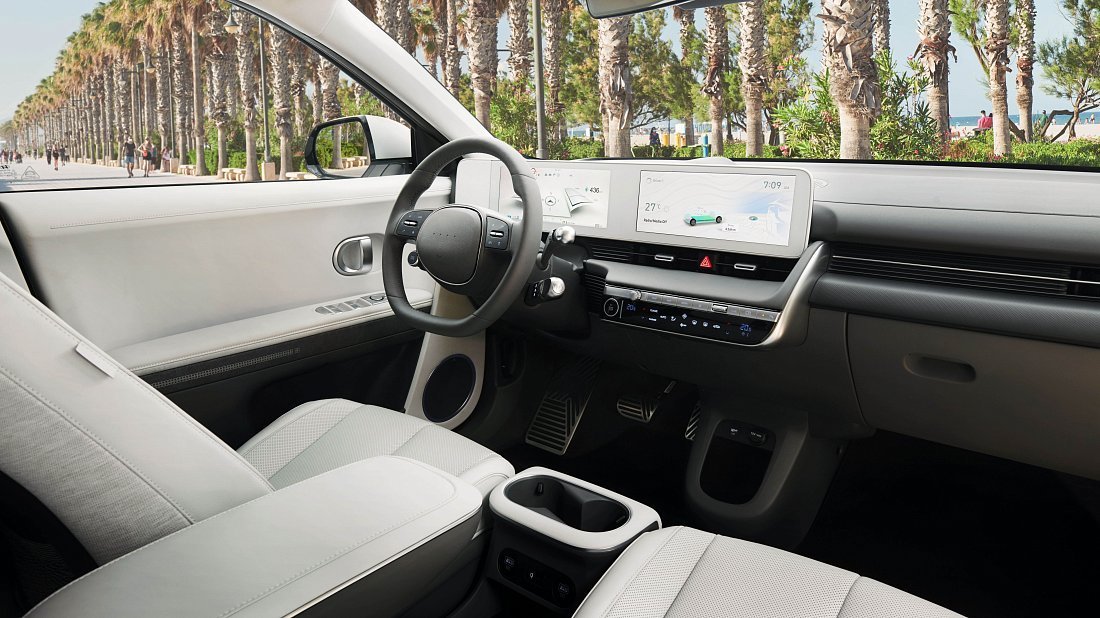 Hyundai Ioniq 5 Project 45 (2021) interior, front seat, driver seat, dashboard, steering wheel, infotainment, cockpit