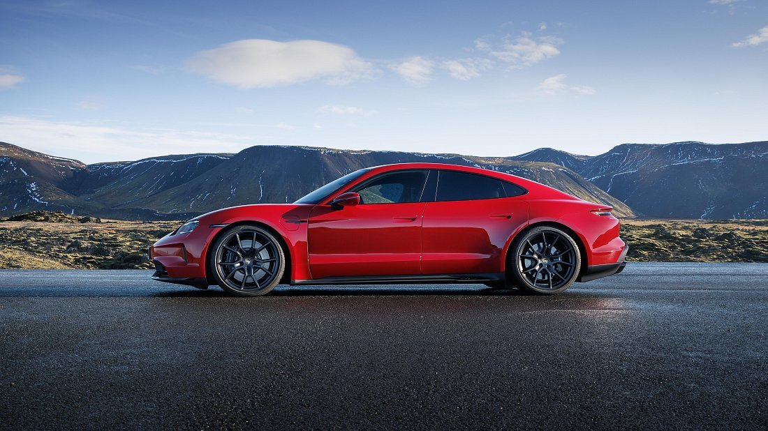 Porsche Taycan GTS (2024-...) side profile photo, silhouette, doors, wheels, exterior
