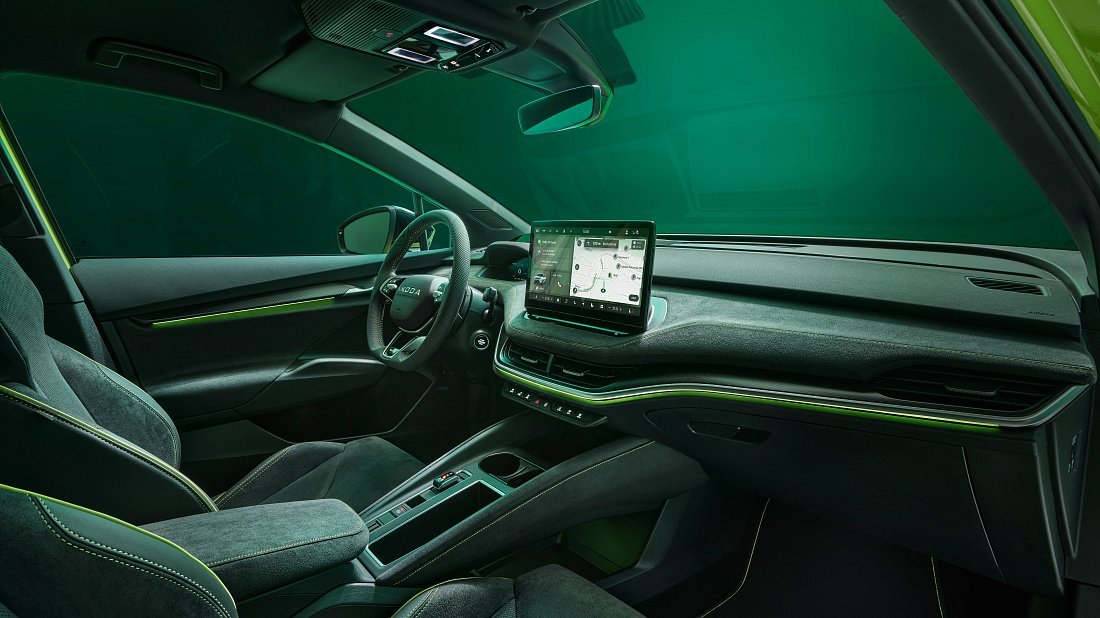 Škoda Elroq RS (2025-...) interior photo, front seat, driver seat, dashboard, steering wheel, infotainment, cockpit