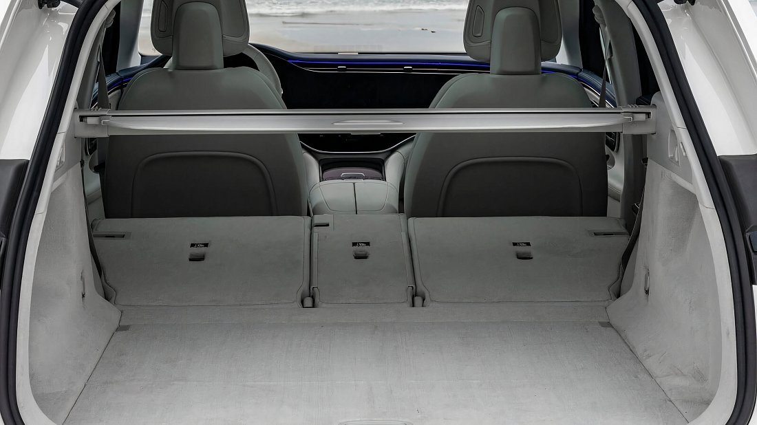 Mercedes EQE SUV AMG 43 4MATIC (2022-…) folded trunk photo, boot, expanded, folded seats, maximum volume, max cargo, max capacity, max storage