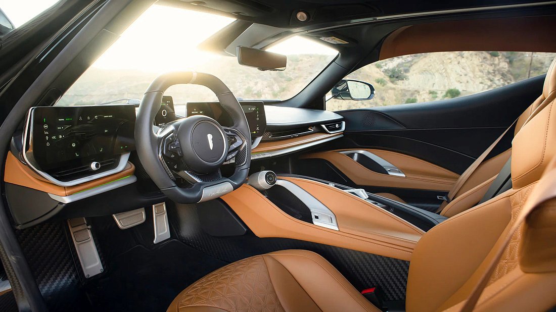 Pininfarina Battista (2022-...) interior, front seat, driver seat, dashboard, steering wheel, infotainment, cockpit