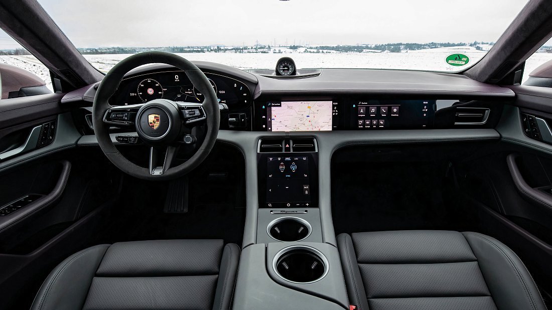 Porsche Taycan 4S (2020-2024) interior, front seat, driver seat, dashboard, steering wheel, infotainment, cockpit