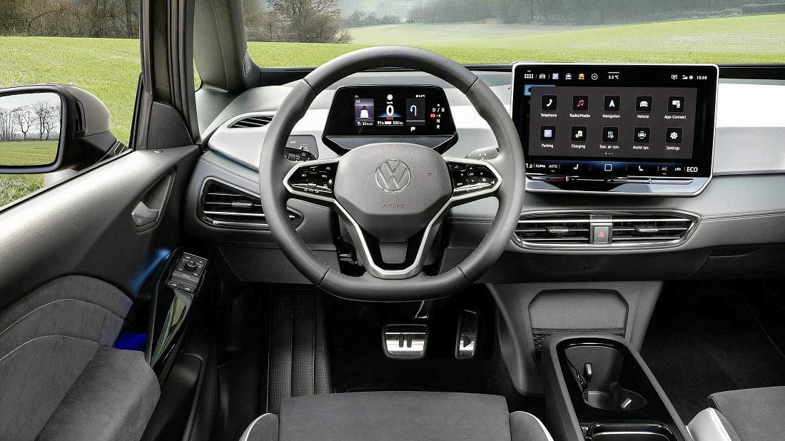 Volkswagen ID.3 Pro (2023-2024) interior, front seat, driver seat, dashboard, steering wheel, infotainment, cockpit